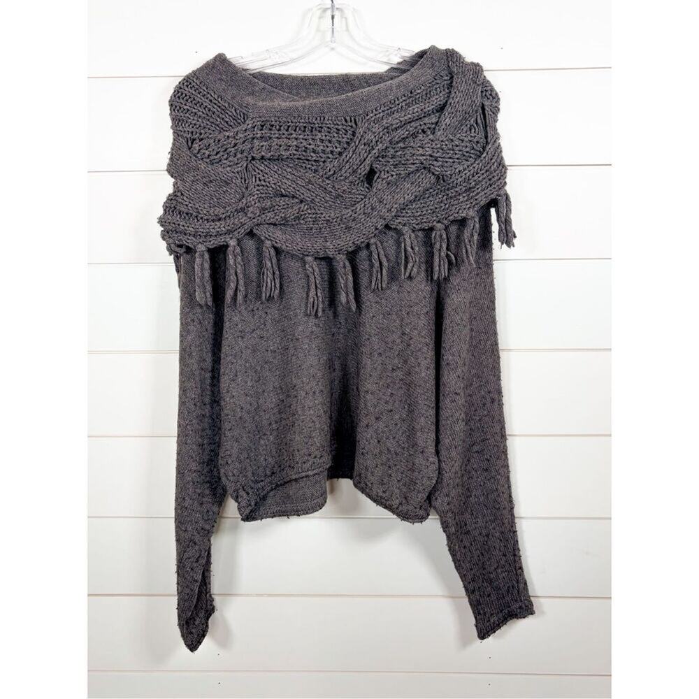 BCBGMaxAzria Women's Fringe Cable Cowl Pullover Sweater Heather Gray Size XS